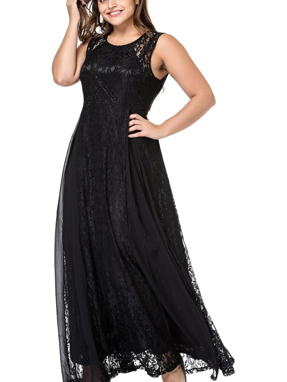 Black Lace Sleeveless Maxi Dress - Women's Evening Gown